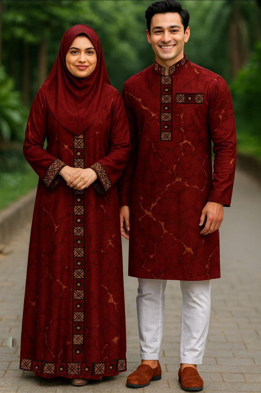 Eid Special Couple Panjabi Borka Combo ( Texture Maroon )