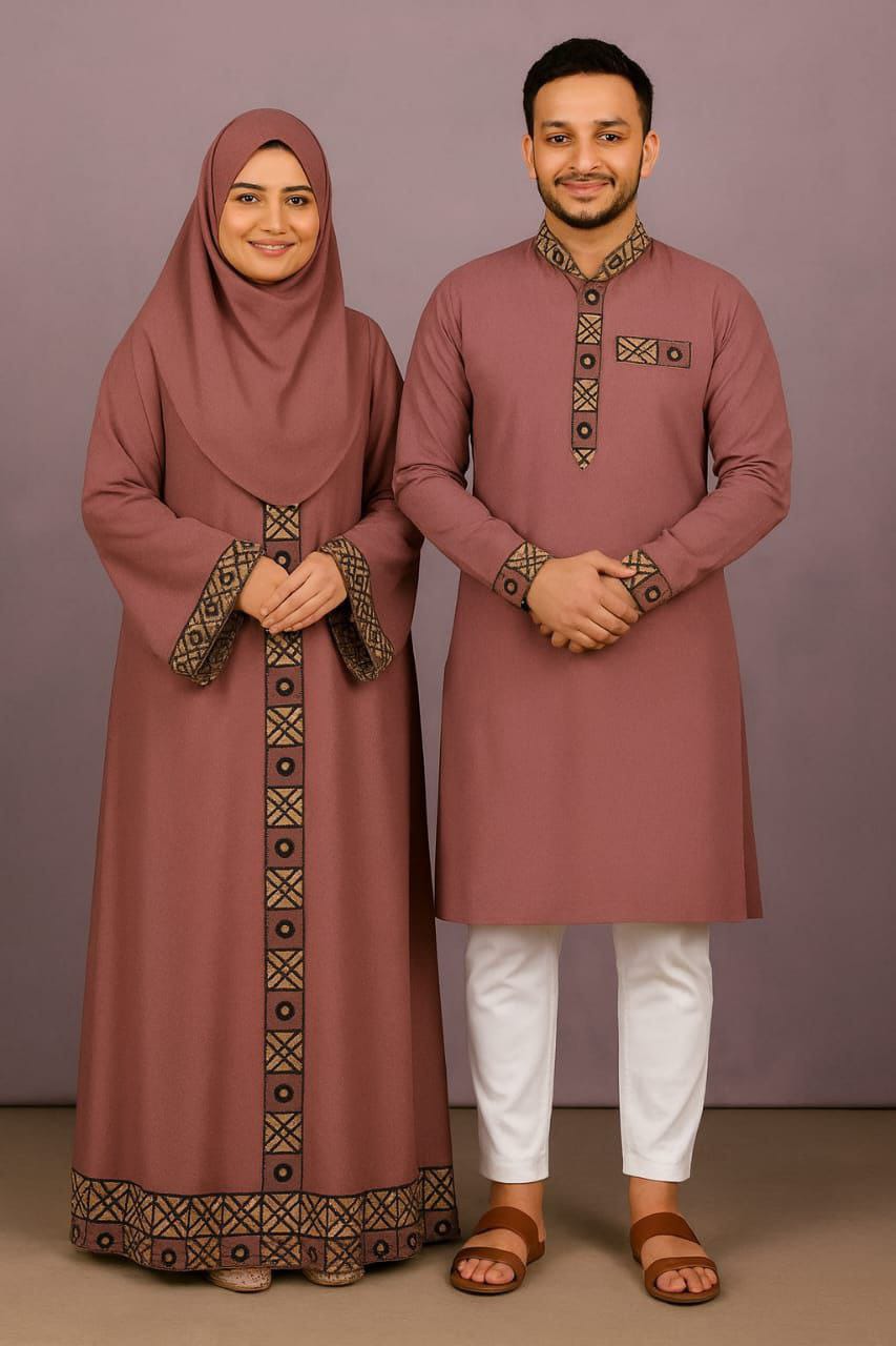 Eid Special Couple Panjabi Borka Combo ( Texture Atlas Garnet )