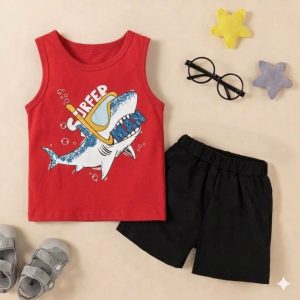 Baby Tshirt and Pant Set- Red-Black
