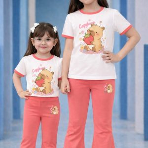 Half Sleeve T-shirt and Pant Set- White Pink Combination