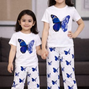 Half Sleeve T-shirt and Pant Set- White Blue Combination