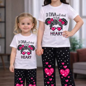 Half Sleeve T-shirt and Pant Set-Black White Combination