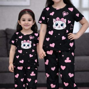Half Sleeve T-shirt and Pant Set-Black Pink Combination