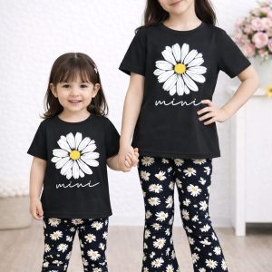 Half Sleeve T-shirt and Pant Set-Black White Combination