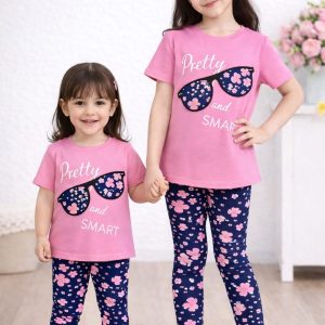 Half Sleeve T-shirt and Pant Set- Pink Navy Combination