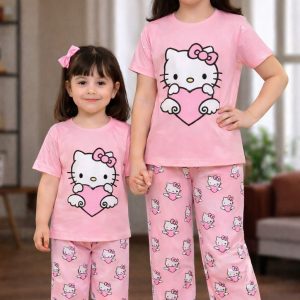 Half Sleeve T-shirt and Pant Set- Pink Combination
