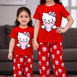 Half Sleeve T-shirt and Pant Set- Red Combination